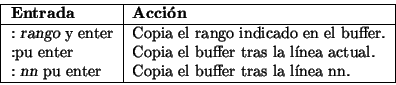 \begin{displaymath}\vline
\begin{tabular}{l\vert l}
\hline
{\bf Entrada} & {\bf...
...ia el buffer tras la línea nn. \\
\hline
\end{tabular}\vline
\end{displaymath}