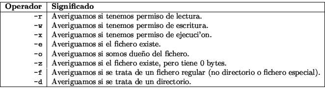 \begin{displaymath}\vline
\begin{tabular}{r\vert l}
\hline
{\bf Operador} & {\bf...
...s si se trata de un directorio. \\
\hline
\end{tabular}\vline
\end{displaymath}